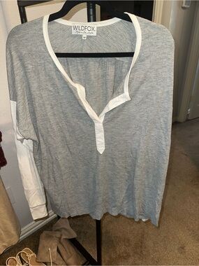 Wildfox Gray & White Thermal Henley Top